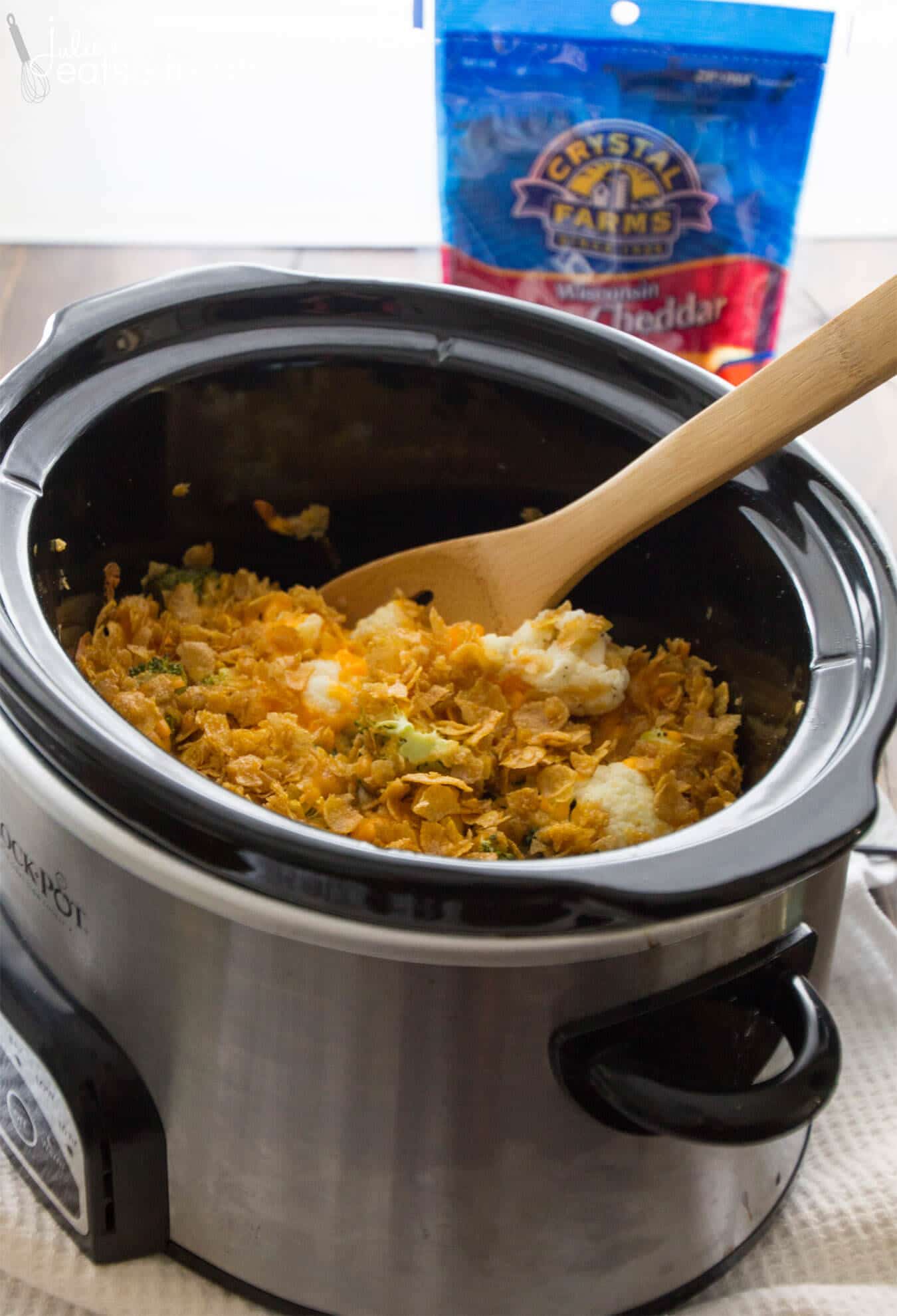 Crock Pot Cauliflower Broccoli Casserole Recipe ~ The Perfect Side Dish Recipe in your Slow Cooker! Broccoli and Cauliflower Smothered in Cheese and Topped with Corn Flakes!