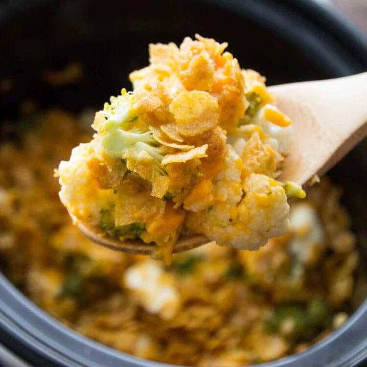 Crock Pot Cauliflower Broccoli Casserole Recipe ~ The Perfect Side Dish Recipe in your Slow Cooker! Broccoli and Cauliflower Smothered in Cheese and Topped with Corn Flakes!