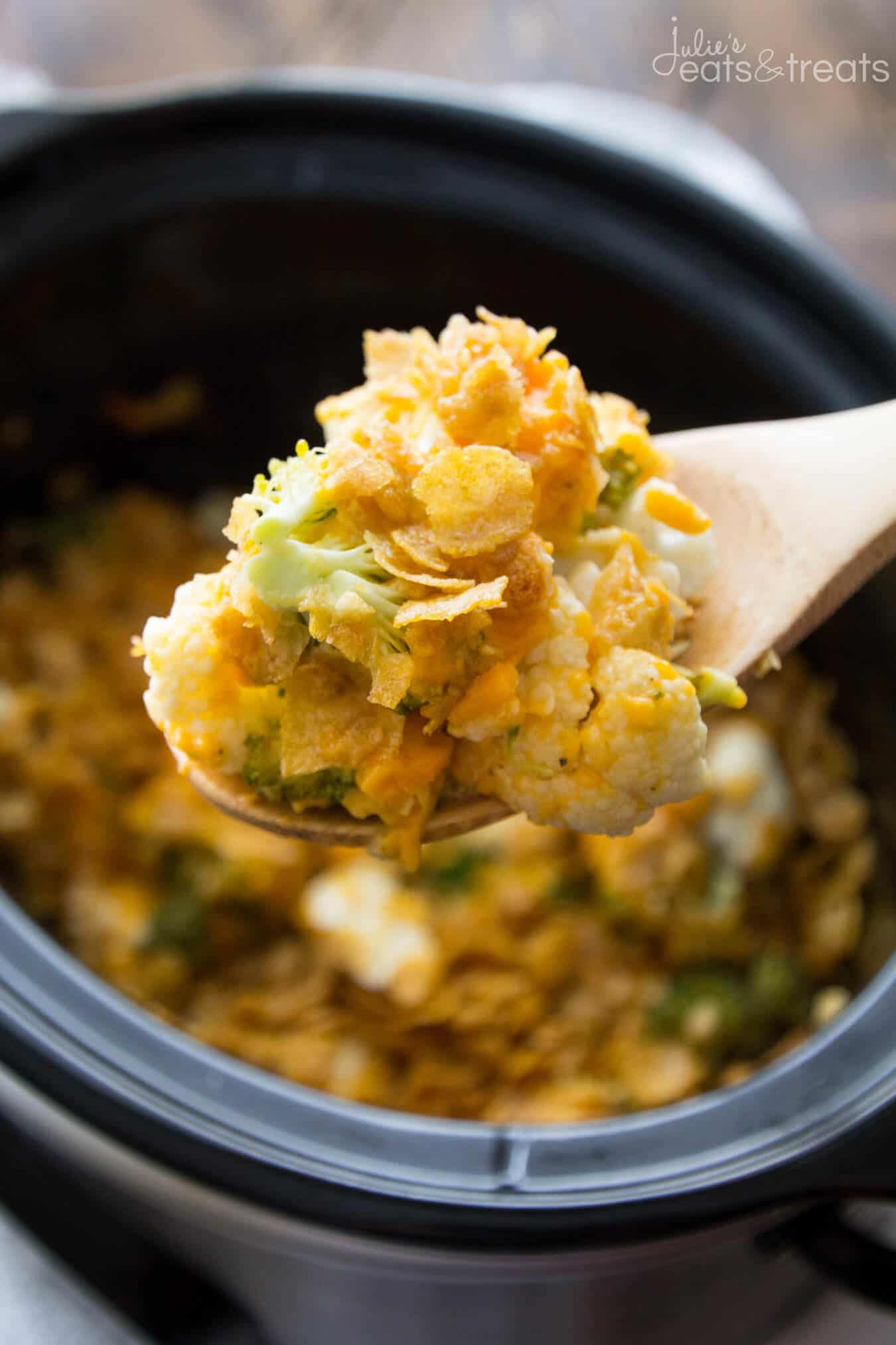 Crock Pot Cauliflower Broccoli Casserole Recipe ~ The Perfect Side Dish Recipe in your Slow Cooker! Broccoli and Cauliflower Smothered in Cheese and Topped with Corn Flakes!