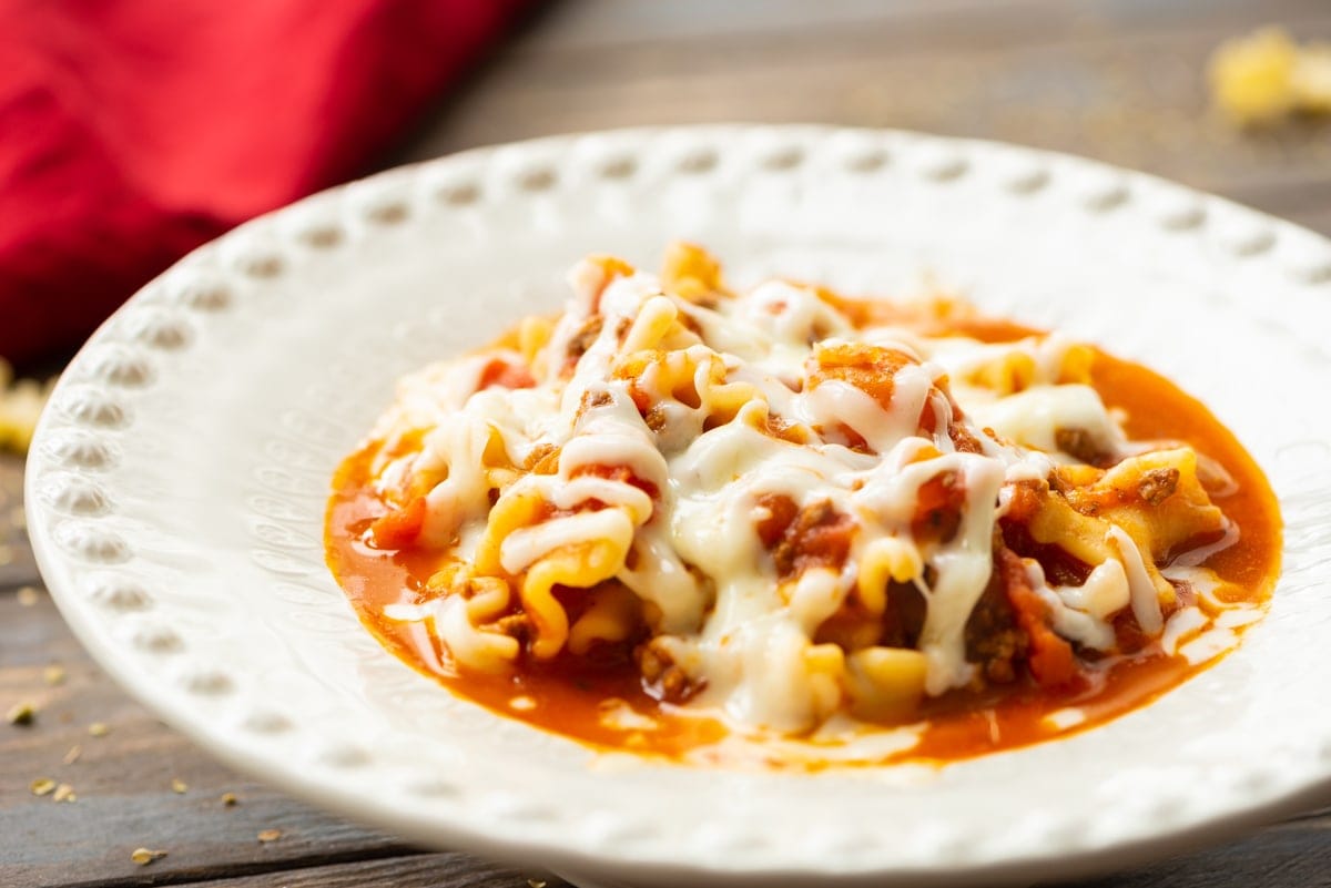 Lasagna Soup in white bowl