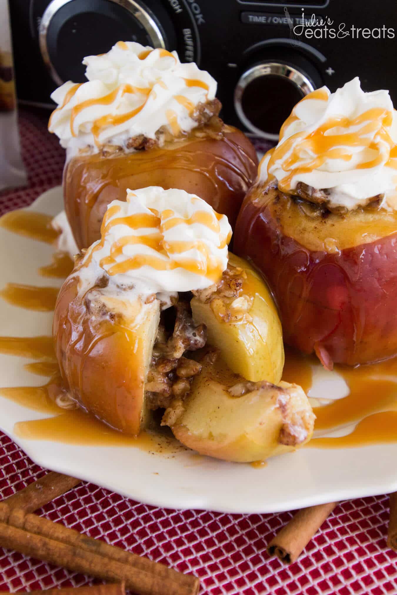 Light Crock Pot Baked Apples Recipe ~ Delicious, Apples Stuffed with Oatmeal, Brown Sugar and Walnuts then Baked to Perfection in the Slow Cooker! Then Drizzle them with Caramel!