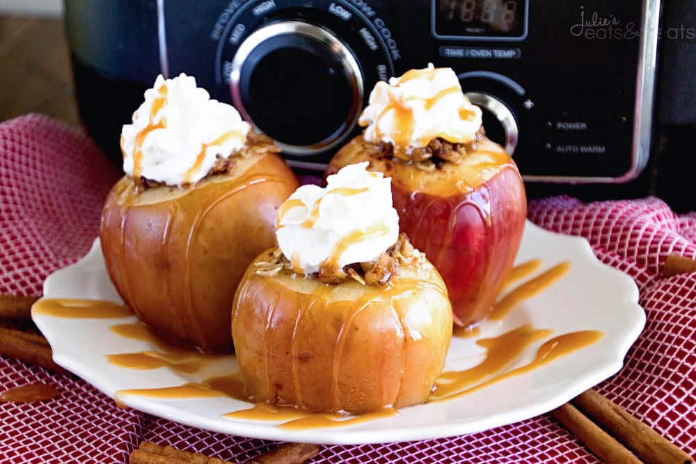 Light Crock Pot Baked Apples Recipe ~ Delicious, Apples Stuffed with Oatmeal, Brown Sugar and Walnuts then Baked to Perfection in the Slow Cooker! Then Drizzle them with Caramel!