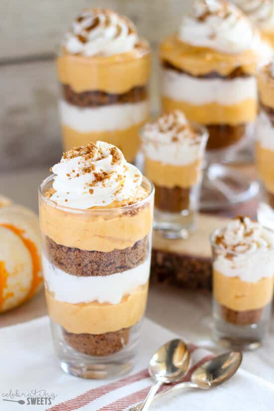 Pumpkin Cream Pie Trifles Dessert - Pumpkin cream cheese filling layered with whipped cream and crushed gingersnap cookies. Similar to pumpkin pie and pumpkin cheesecake, you will love this no-bake dessert perfect for Thanksgiving!