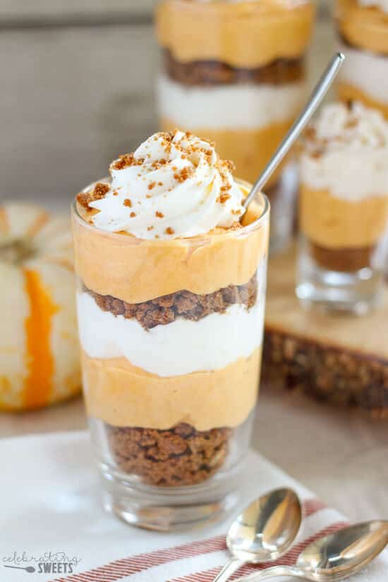 Pumpkin Cream Pie Trifles Dessert - Pumpkin cream cheese filling layered with whipped cream and crushed gingersnap cookies. Similar to pumpkin pie and pumpkin cheesecake, you will love this no-bake dessert perfect for Thanksgiving!