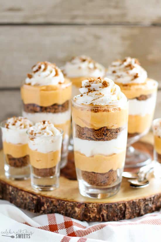 Pumpkin Cream Pie Trifles Dessert - Pumpkin cream cheese filling layered with whipped cream and crushed gingersnap cookies. Similar to pumpkin pie and pumpkin cheesecake, you will love this no-bake dessert perfect for Thanksgiving!