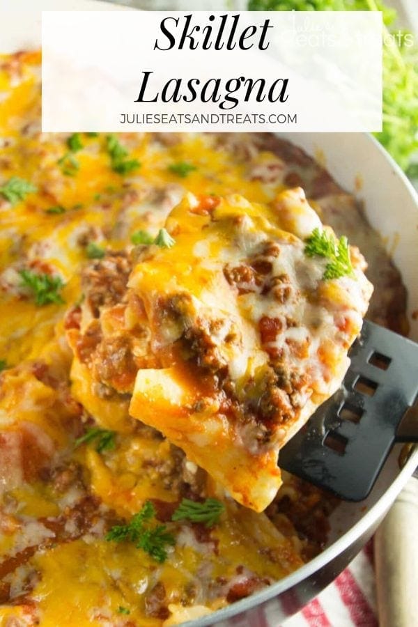 Skillet Lasagna being lifted out of pan on a spatula