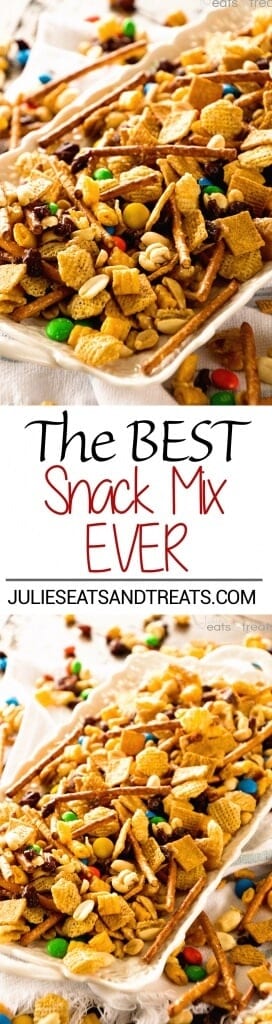 Snack Mix ~ This Snack Mix is like CRACK! So Addictive and Delicious! Full of Cereal, Pretzels, Peanuts, M&Ms and Raisins! Perfect for Christmas and Holiday Parties!