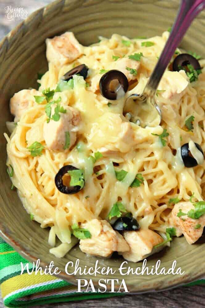 White Chicken Enchilada Pasta - A delicious pasta filled with all the wonderful flavor of white chicken enchiladas with the help of green chilies, a little sour cream, and melted jack cheese.