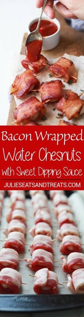 Bacon Wrapped Water Chestnuts Recipe served with a Sweet Dipping Sauce. This appetizer is sweet, salty, out of control delicious and so easy to make! Perfect for the holidays!