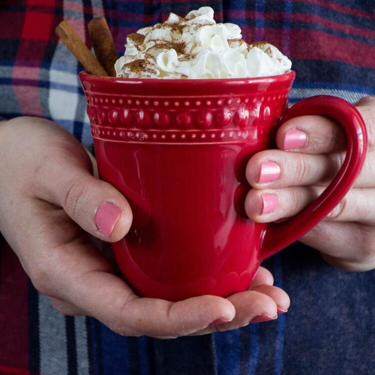 A women in a blue and red plaid shirt holding a red mug of easy eggnog latte with whipped cream, ground cinnamon and cinnamon sticks