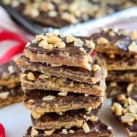 Peanut Butter Graham Cracker Toffee - Peanut butter and chocolate combine in this easy graham cracker toffee recipe. Sweet and salty with crunchy buttery layers.