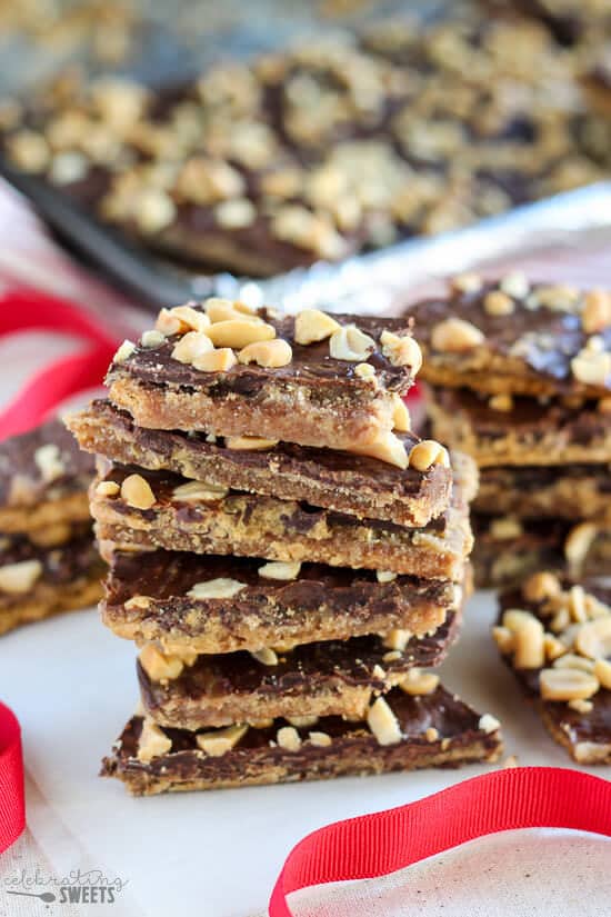 Peanut Butter Graham Cracker Toffee - Peanut butter and chocolate combine in this easy graham cracker toffee recipe. Sweet and salty with crunchy buttery layers.