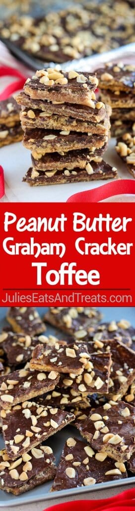 Peanut Butter Graham Cracker Toffee Recipe - Peanut butter and chocolate combine in this easy graham cracker toffee. Sweet and salty with crunchy buttery layers. No candy thermometer needed!