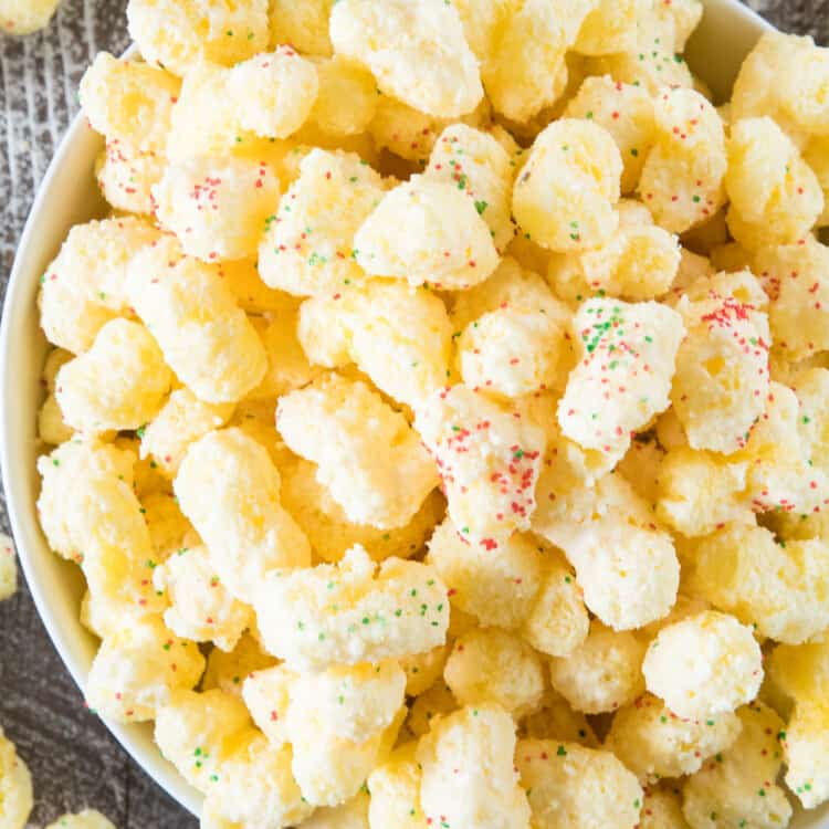 Overhead image of White Chocolate Puffcorn with holiday sprinkles