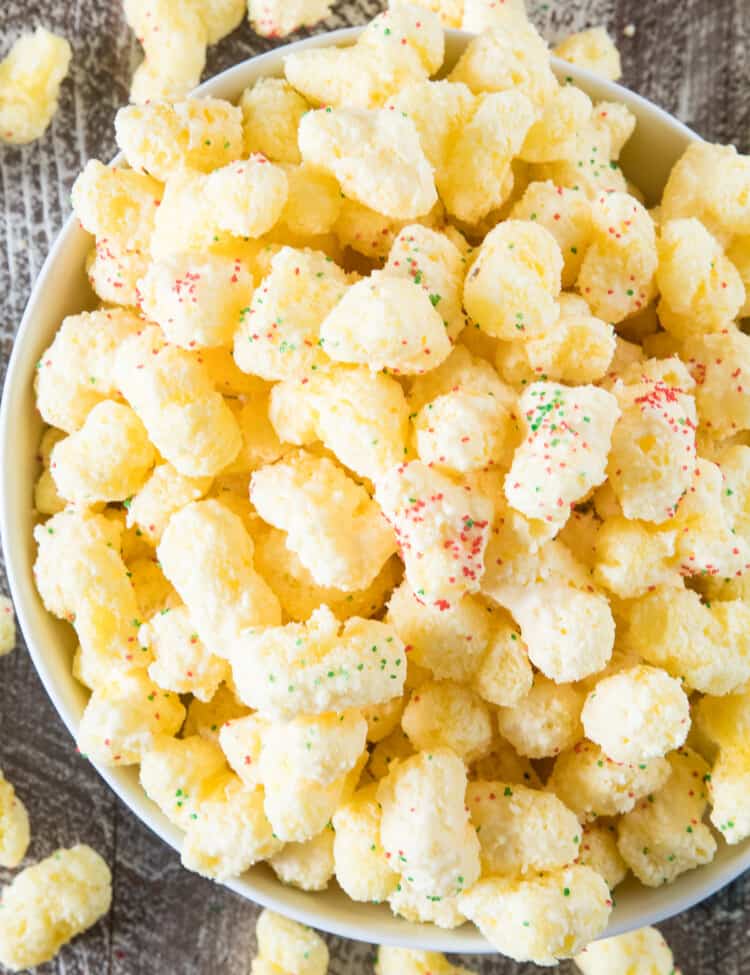 Overhead image of White Chocolate Puffcorn with holiday sprinkles