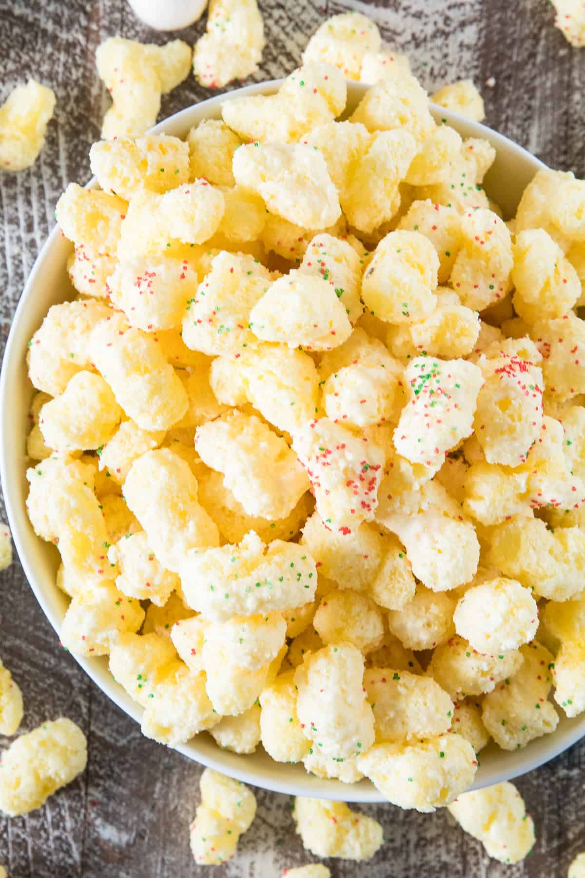 Overhead image of White Chocolate Puffcorn with holiday sprinkles