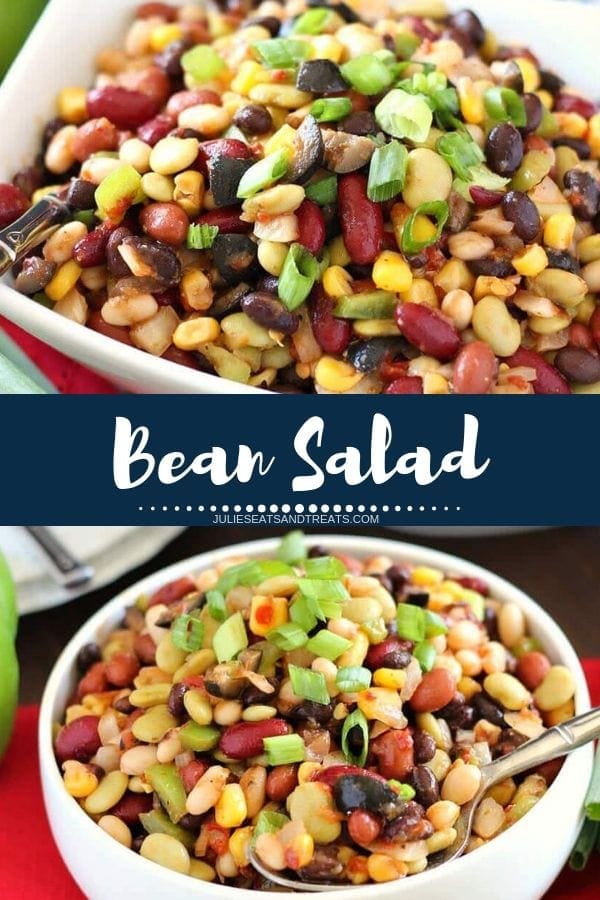 Collage with top image of bean salad in a square serving bowl, middle navy banner with white text reading bean salad, and bottom image of bean salad in a white round bowl with a spoon