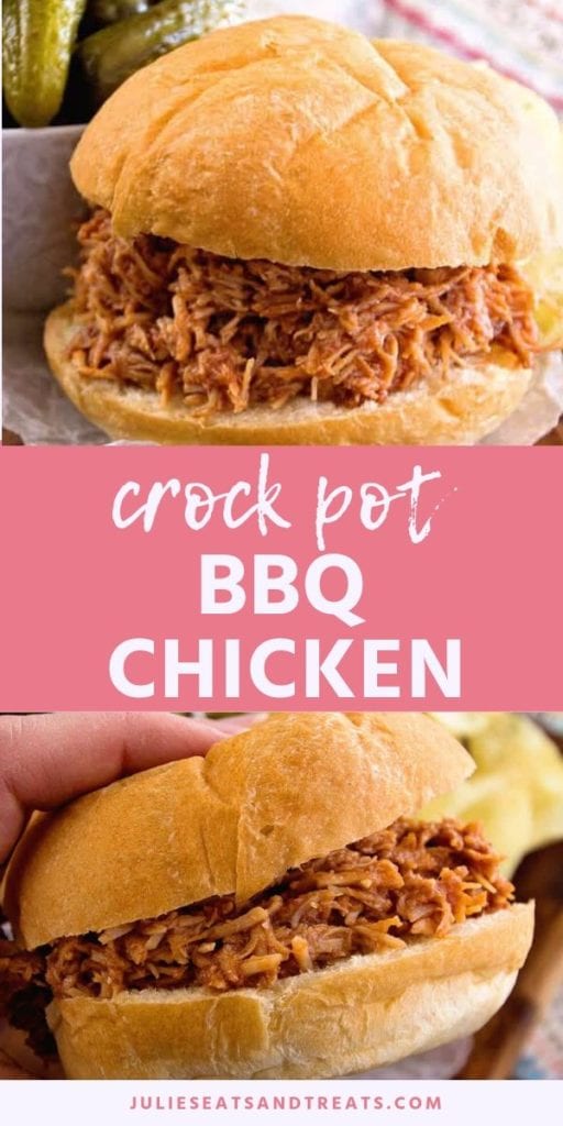 Collage with top image of bbq chicken on a bun, middle pink banner with white text reading crock pot bbq chicken, and bottom image of a hand holding bbq chicken sandwich