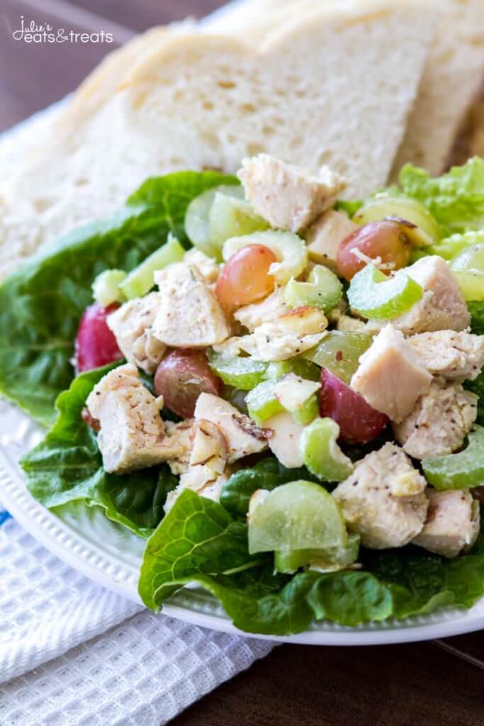 Light and Healthy Chicken Salad Recipe ~ This quick and easy chicken salad recipe is low-calorie, can be made ahead of time, and perfect on a sandwich or as an appetizer! 