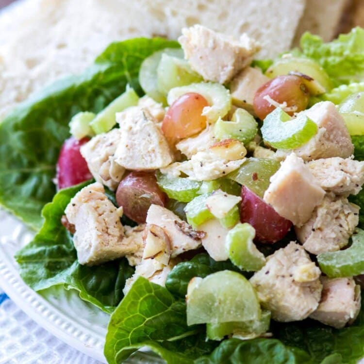 Light and Healthy Chicken Salad Recipe ~ This quick and easy chicken salad recipe is low-calorie, can be made ahead of time, and perfect on a sandwich or as an appetizer!
