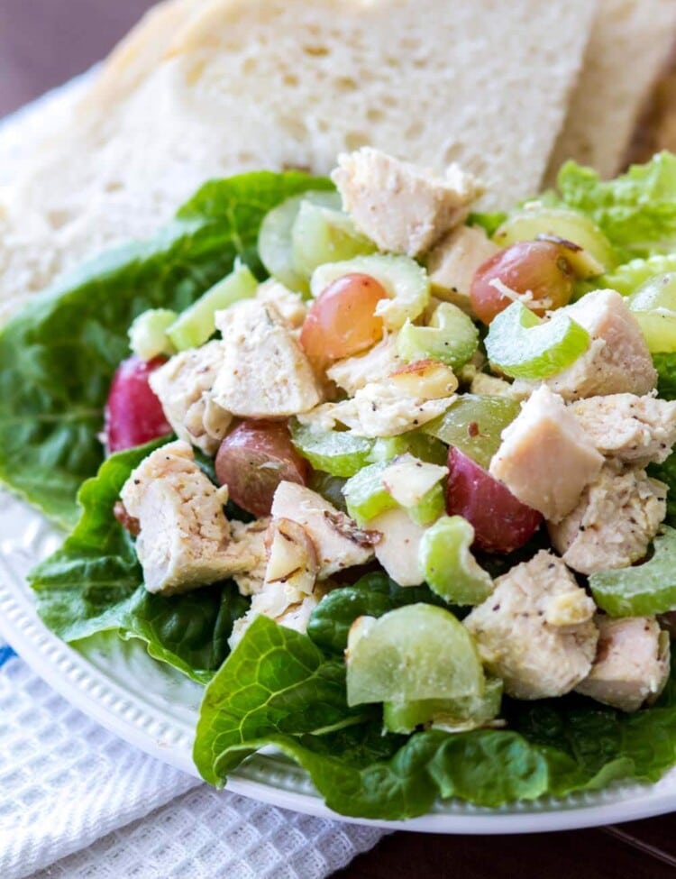 Light and Healthy Chicken Salad Recipe ~ This quick and easy chicken salad recipe is low-calorie, can be made ahead of time, and perfect on a sandwich or as an appetizer!