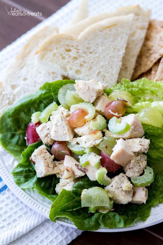 Light and Healthy Chicken Salad Recipe ~ This quick and easy chicken salad recipe is low-calorie, can be made ahead of time, and perfect on a sandwich or as an appetizer! 