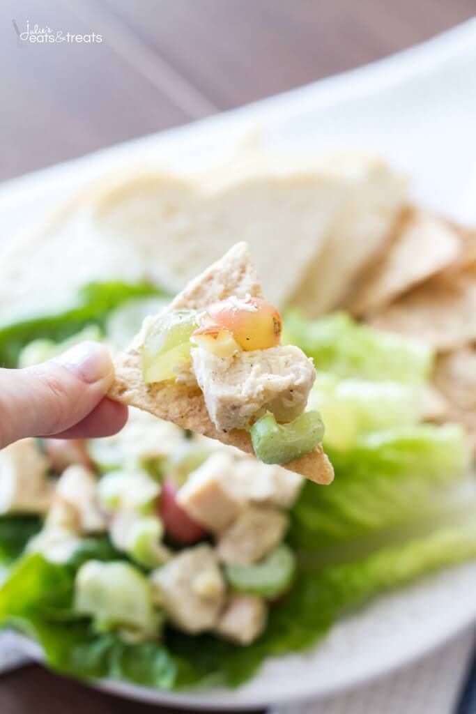 This quick and easy chicken salad recipe is low-calorie, can be made ahead of time, and perfect on a sandwich or as an appetizer!