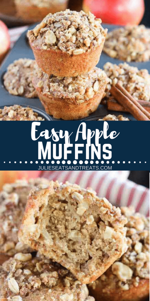 Collage with top image of apple muffins stacked on top of a muffin tin, middle banner with text reading easy apple muffins, and bottom image of an apple muffin with a bite out of it