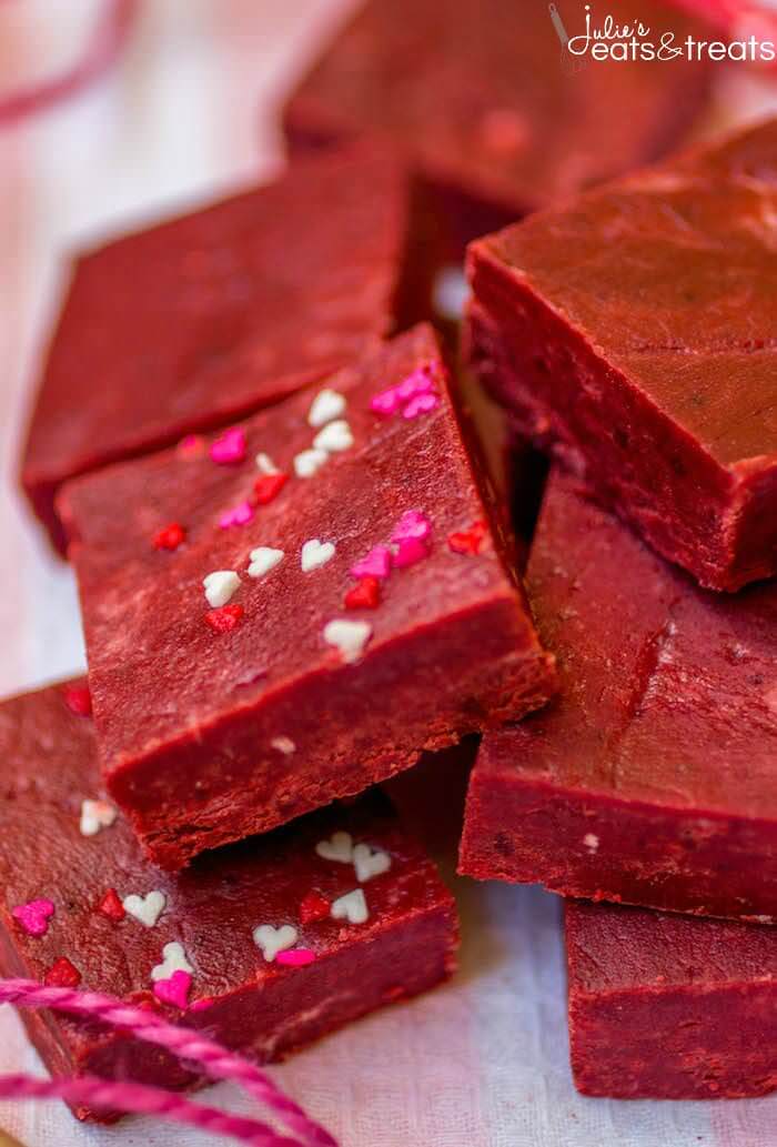 Red Velvet Fudge - This super easy fudge comes together in minutes and just melts in your mouth! It's the perfect addition to your Valentine's Day dessert spread.