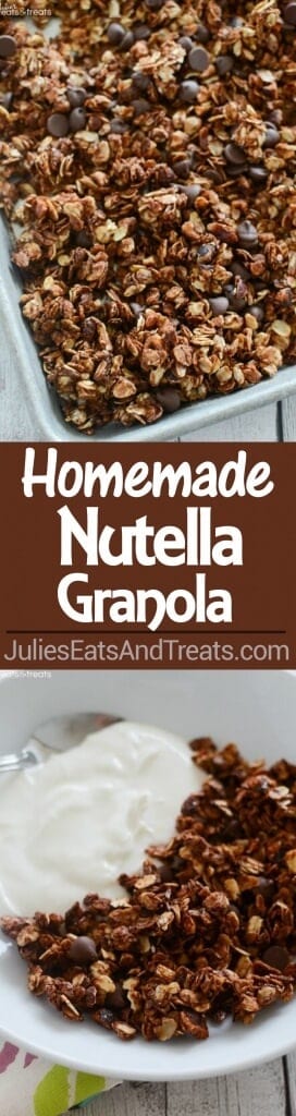 Nutella Granola Recipe ~ Easy Homemade Granola Recipe That Anyone Can Make! Oats and Chopped Hazelnuts Coated in Nutella and Loaded with Chocolate Chips! Prefect for Breakfast or a Healthy Snack!