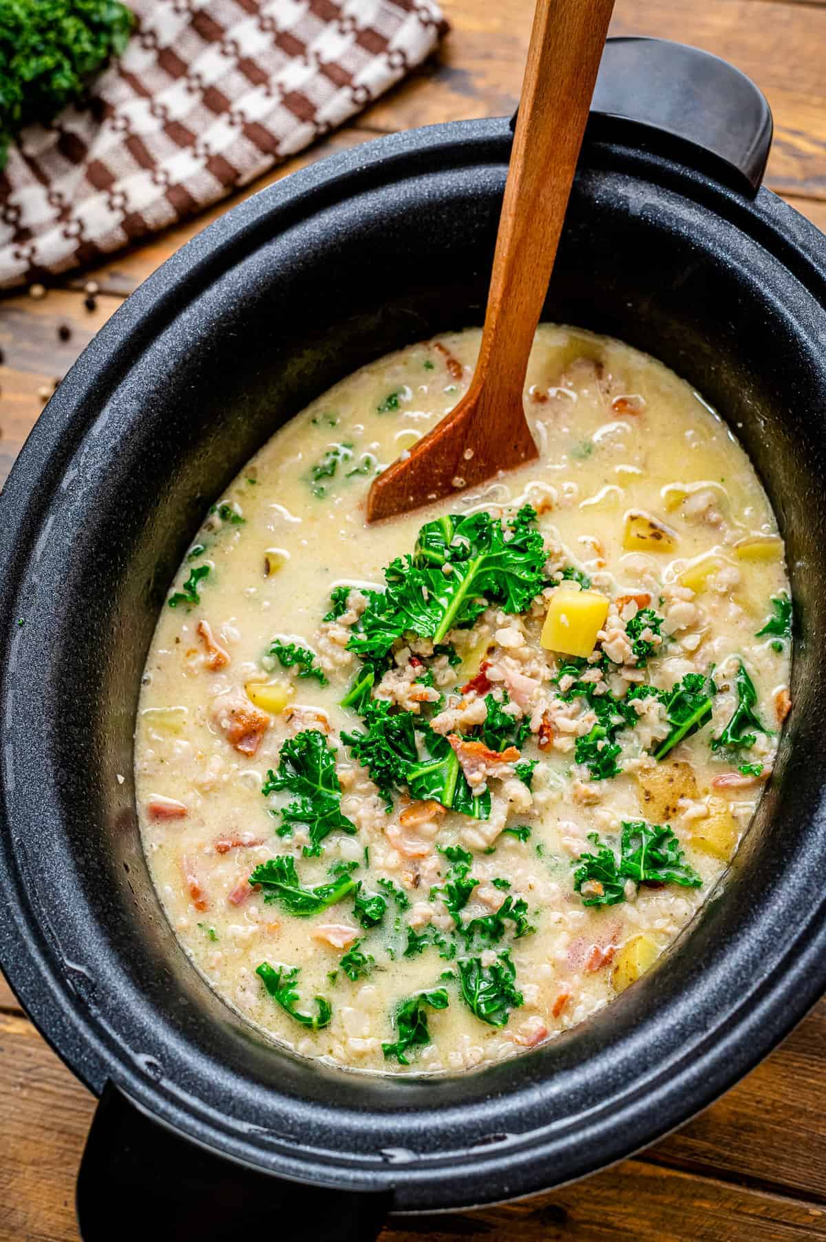 Overhead image of Zuppa Toscana in black Crock Pot