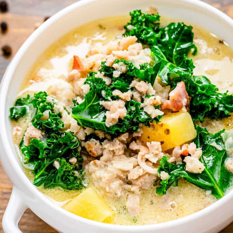 White bowl with Crock Pot Zuppa Toscana