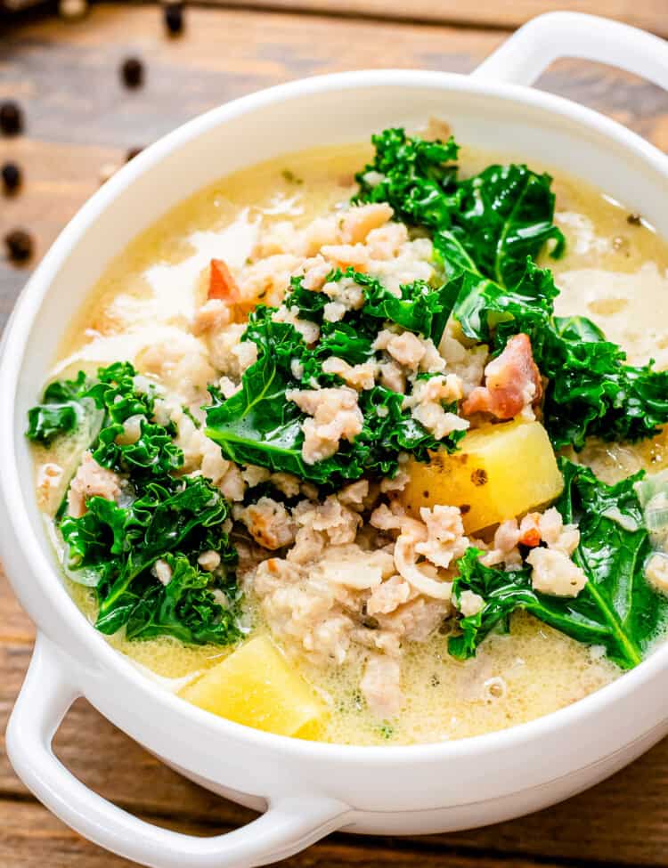 White bowl with Crock Pot Zuppa Toscana