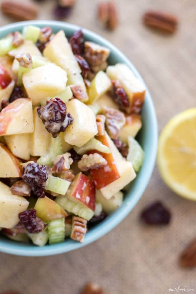 This spin on the classic Waldorf Salad uses Greek yogurt instead of mayonnaise, lemon juice, and a couple other additional ingredients to give it a fresh new flavor.