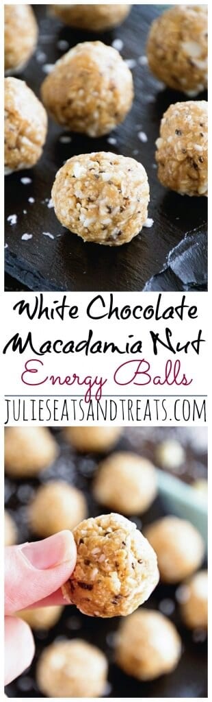 White Chocolate Macadamia Nut Energy Balls ~ Delicious Recipe for Energy Bites Loaded with White Chocolate Chips, Macadamia Nuts, Coconut, Oats, Flaxseed and Chia Seeds!