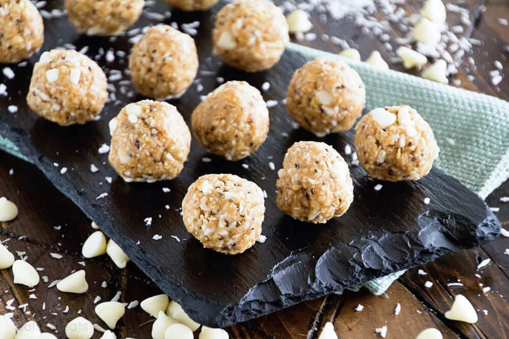 White Chocolate Macadamia Nut Energy Balls ~ Delicious Recipe for Energy Bites Loaded with White Chocolate Chips, Macadamia Nuts, Coconut, Oats, Flaxseed and Chia Seeds!