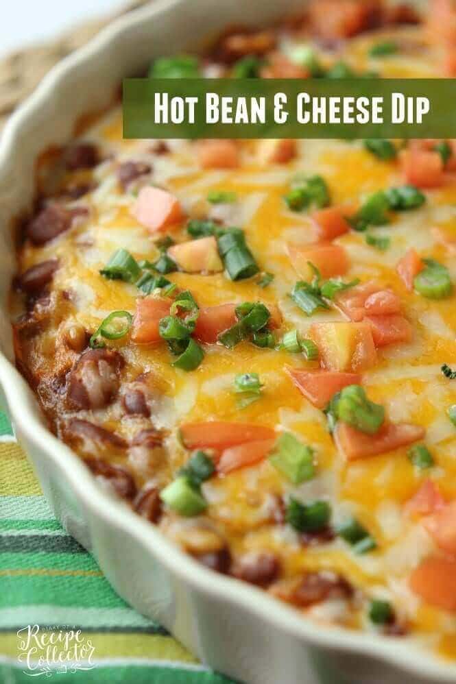 Hot Bean & Cheese Dip – A quick oven-baked dip made with cream cheese, chili beans, salsa, and melty cheese! Found on Diary of a Recipe Collector