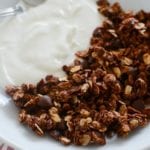 A white bowl of vanilla yogurt and nutella granola