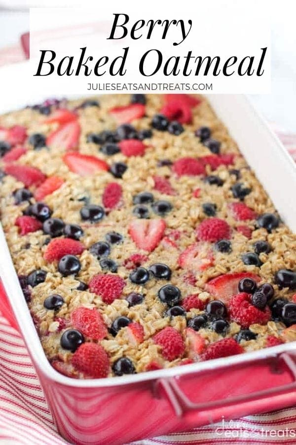 Berry baked oatmeal in a red pan