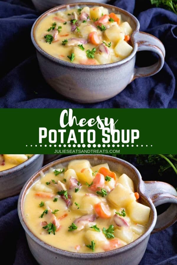 Collage with top image of cheesy potato soup in a grey bowl, middle banner with text reading cheesy potato soup, and bottom image overhead of cheesy potato soup