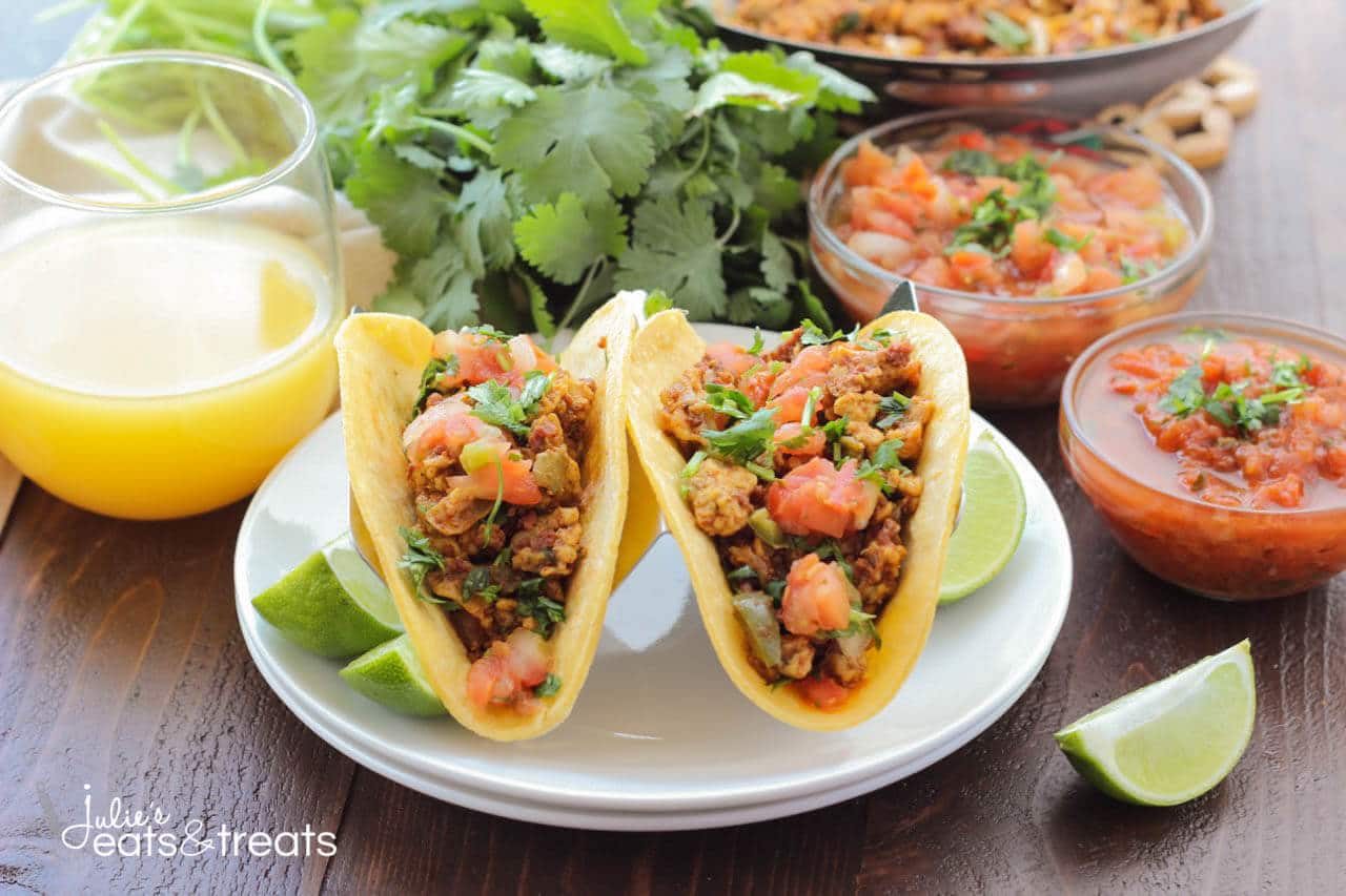 Chorizo Breakfast Tacos - Delicious breakfast tacos filled with scrambled eggs, vegetables, beans and chorizo. Sit down and enjoy some breakfast tacos with the family!