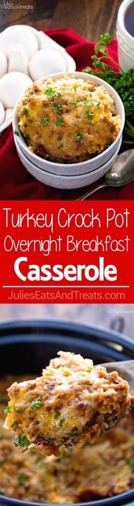 Turkey Crock Pot Breakfast Casserole ~ Wake Up to Breakfast Ready in the Morning! This Make Ahead Breakfast Casserole Recipe Cooks During the Night so You Can Enjoy Breakfast! Stuffed with Turkey Sausage, Hash Browns and Eggs!