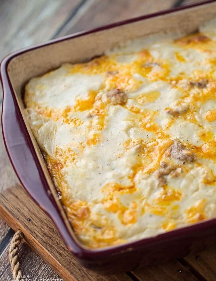 Biscuits and Gravy Overnight Breakfast Casserole ~ Comforting, Hearty Breakfast Casserole That is Prepared the Night Before and Baked in the Morning! Biscuits Loaded with Gravy, Sausage, Eggs and Cheese!