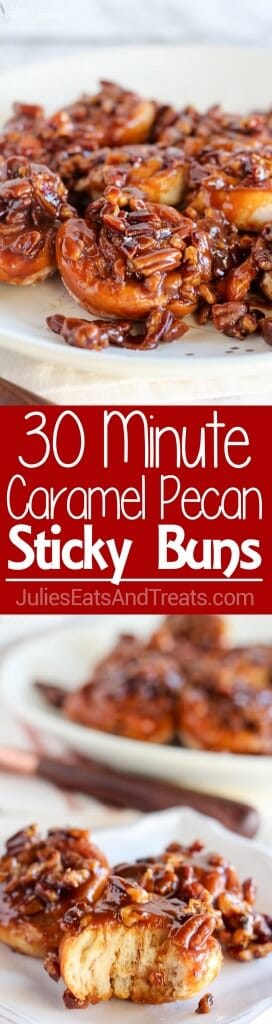 Easy 30 Minute Caramel Pecan Sticky Buns ~ Tender and gooey melt-in-your-mouth sticky buns topped with caramel sauce and chopped pecans. This easy recipe uses canned crescent roll dough and prepared caramel sauce!