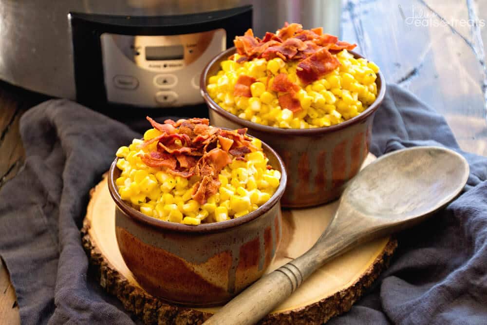 Cheesy Bacon Ranch Crock Pot Creamed Corn Recipe ~ Easy Creamed Corn Recipe full of flavor from Ranch Seasoning, Bacon and Cheese! The Perfect Side Dish for the Holidays or Dinner!