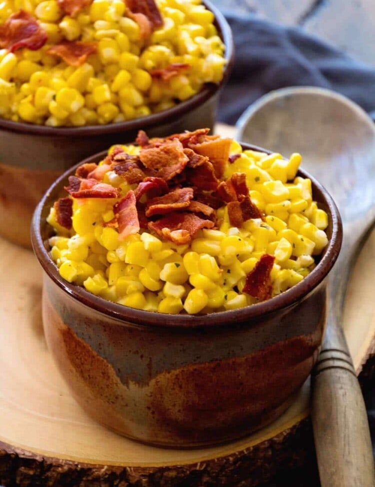 Cheesy Bacon Ranch Crock Pot Creamed Corn Recipe ~ Easy Creamed Corn Recipe full of flavor from Ranch Seasoning, Bacon and Cheese! The Perfect Side Dish for the Holidays or Dinner!