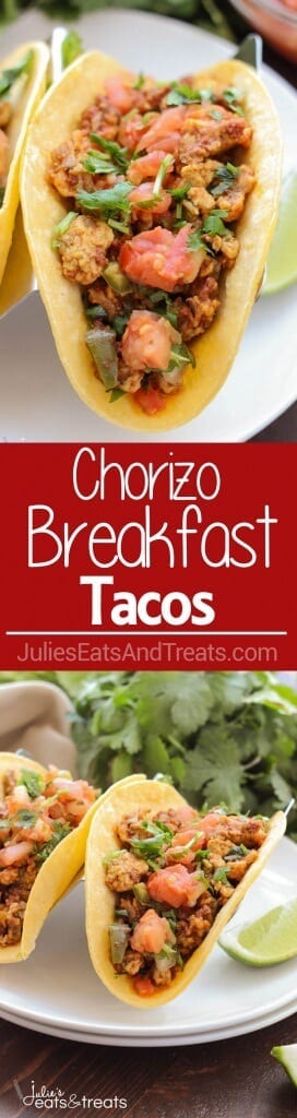 Chorizo Breakfast Tacos ~ Soft scrambled eggs mixed with chorizo and vegetables, then stuffed into a corn tortilla with beans. Topped with some salsa, pico de gallo and cheese. This is a breakfast dish you won't want to miss!