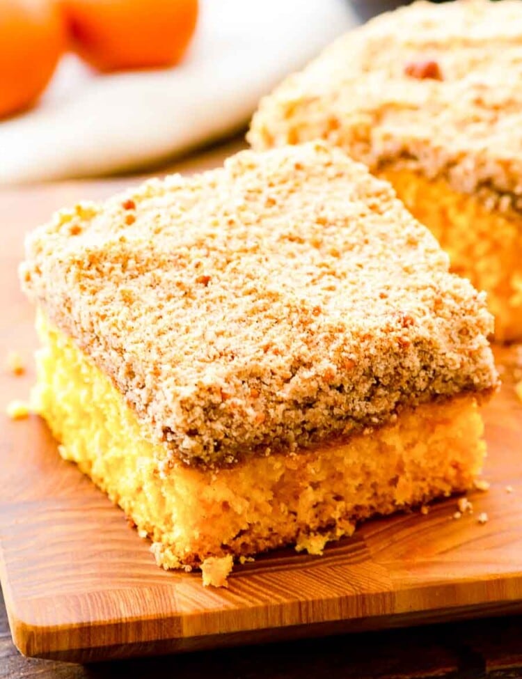 Piece of Crumb Cake on a cutting board