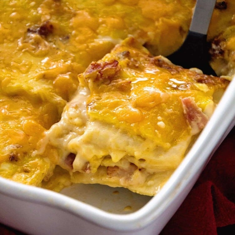 Ham & Cheese Overnight Breakfast Lasagna Recipe ~ Layers of Lasagna Noodles Stuffed with a Delicious Cheese Sauce, Bacon and More Cheese! Prep this the Night Before and Enjoy it for Breakfast or Brunch!