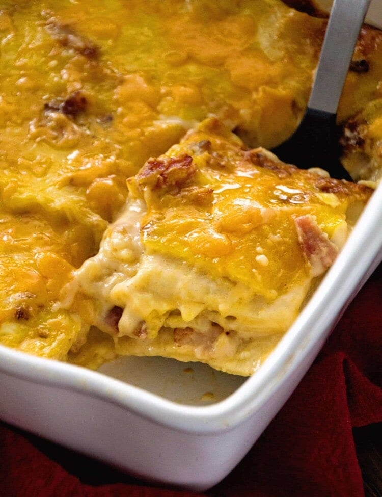 Ham & Cheese Overnight Breakfast Lasagna Recipe ~ Layers of Lasagna Noodles Stuffed with a Delicious Cheese Sauce, Bacon and More Cheese! Prep this the Night Before and Enjoy it for Breakfast or Brunch!